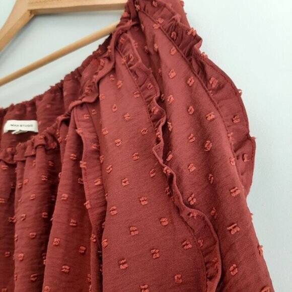 MAX STUDIO / Swiss Dot Textured Boho Ruffle Sleeve Blouse Rust Brown Sz XL - Picture 8 of 13